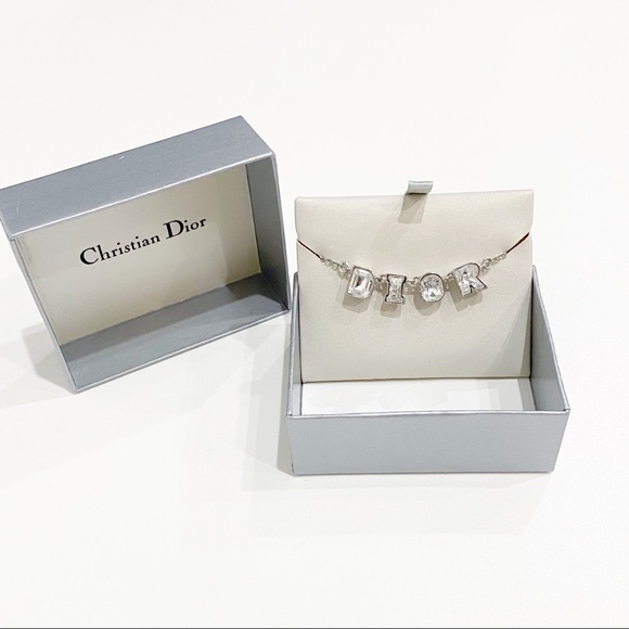 DIOR Silver Necklace Crystal Logo Block Vintage Authentic - Picture 1 of 11